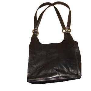 Mila Paoli Shoulder Bag Black Leather Double Top Handled Purse handbag